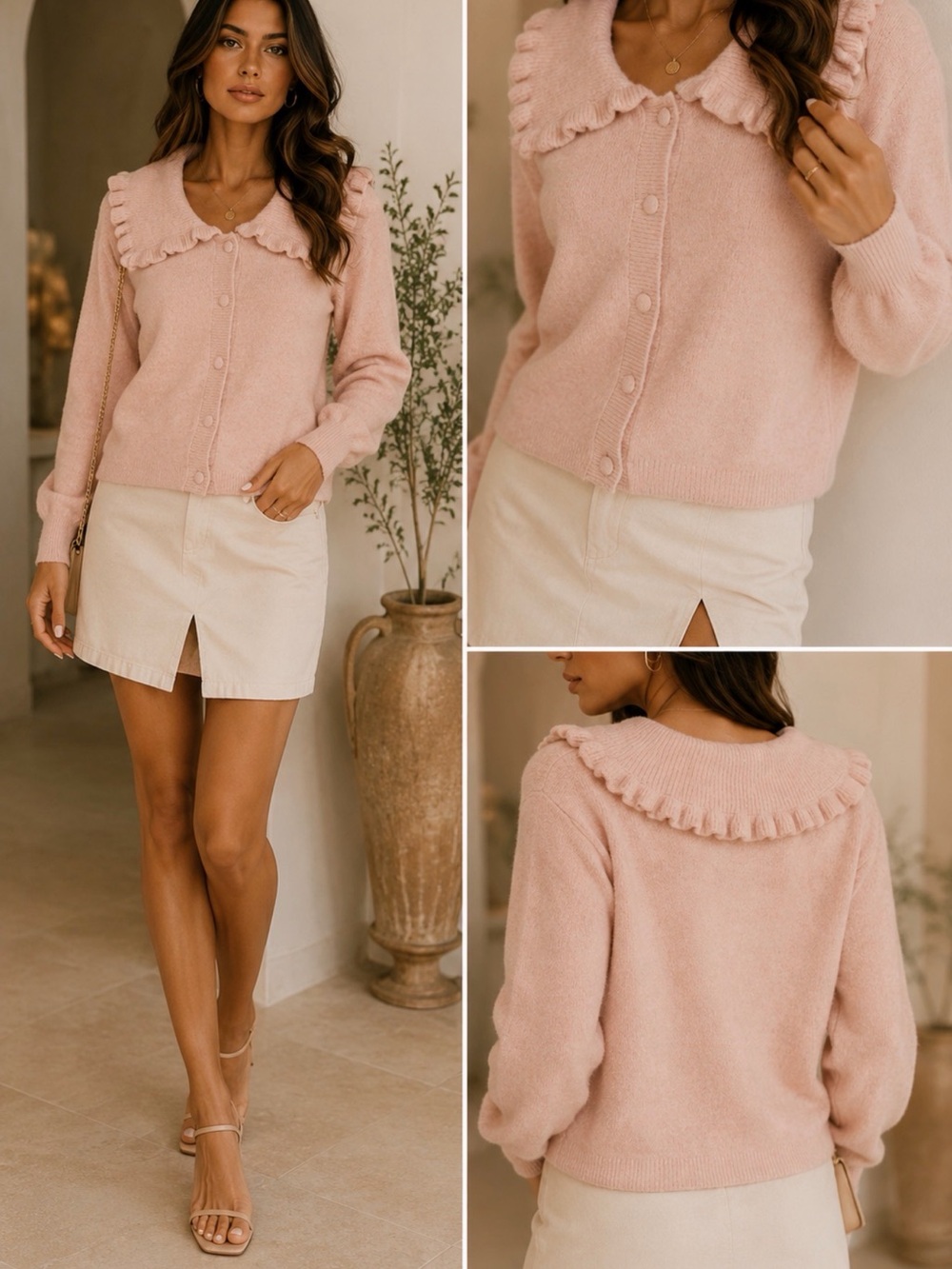 Lord & Taylor Blush Pink Ruffle-Collar Button Cardigan